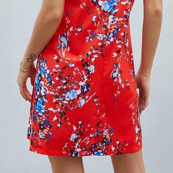 NWT Orangish Red Floral Pattern Buttoned Slip Cami Dress - Picture 4 of 4